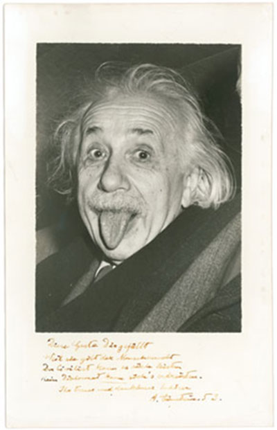 biglietto auguri fotografia Einstein con lingua e dedica