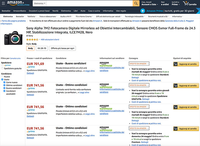 Amazon Warehouse Sony ILCE-7M2 usata prezzo scontato
