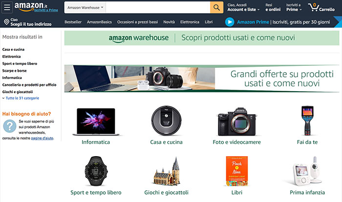 Amazon Warehouse Deals Italia homepage