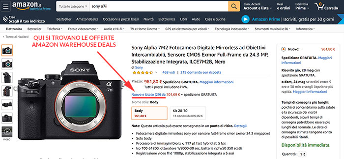Amazon Warehouse Italia offerte scheda fotocamera Sony A7ii