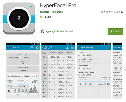 app Android HyperFocal Pro per calcolare iperfocale e profondità campo