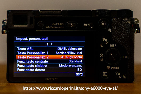macchina fotografica Sony a6000 impostare tasto personalizzato AF sugli occhi