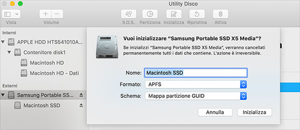 Apple iMac macOS Catalina inizializzare ssd esterno Samsung X5 avviabile