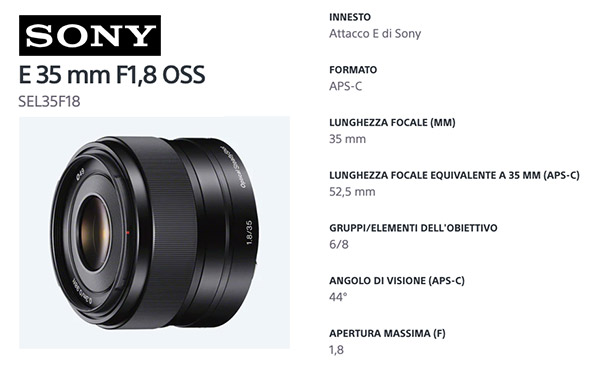 obiettivo Sony SEL35f18 APS-C E-mount 35 mm f/1.8