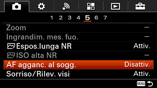 sony Alpha 6000 menu AF agganc. al sogg.