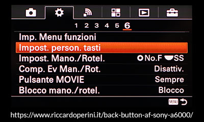 Sony a6000 impostazione personalizzata tasti